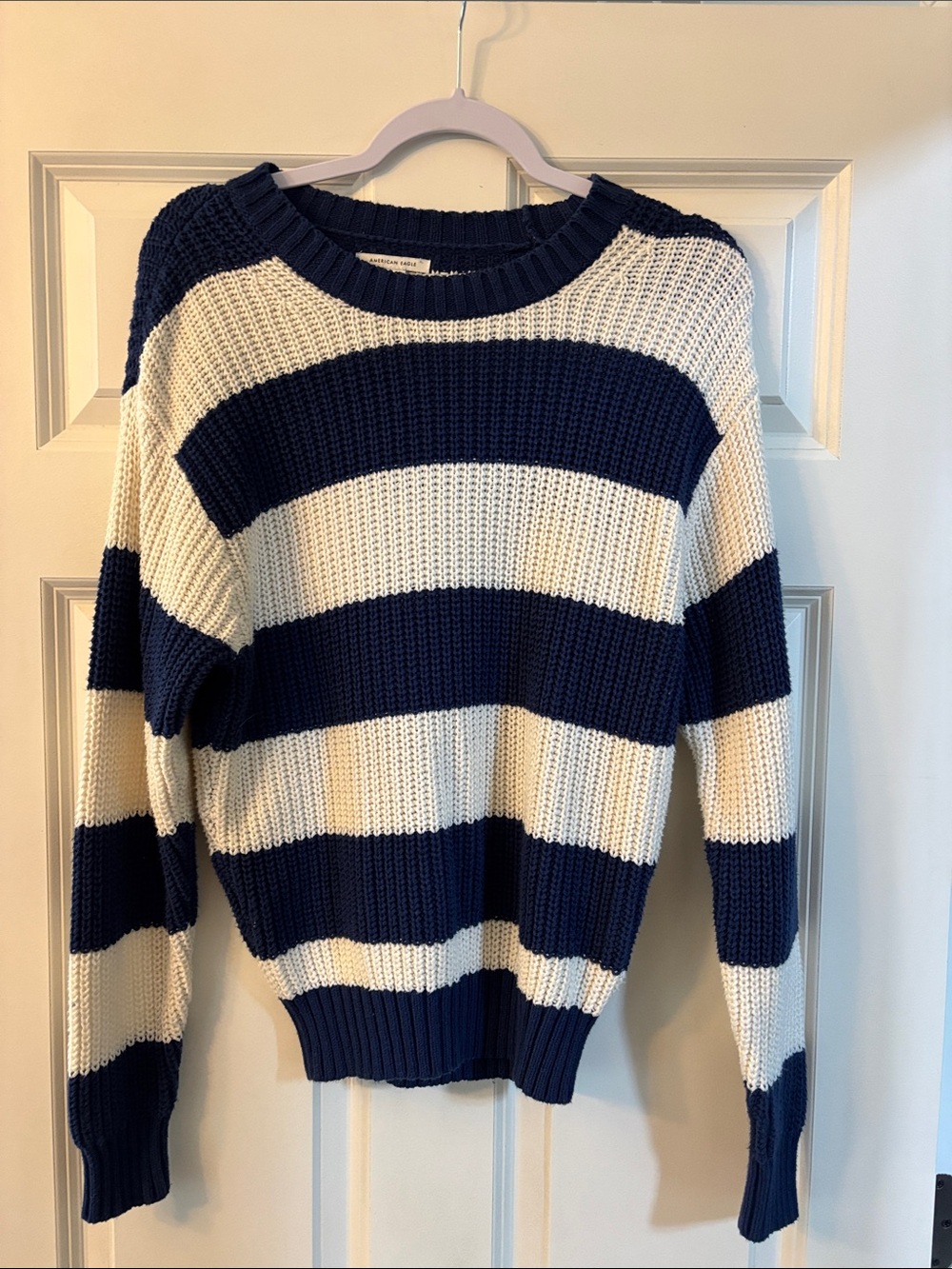 American Eagle Outfitters Navy and Cream Striped Crewneck Sweater